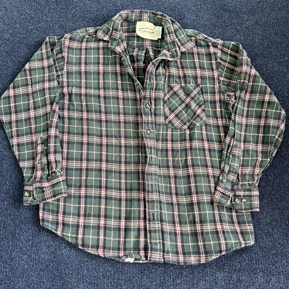 Y2K Kilimanjaro Flannel Shirt Mens LT Green Plaid Long Sleeve Button Up Casual